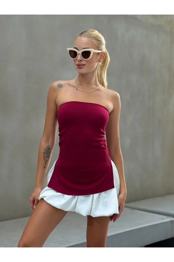 Kadın Bordo Yanı Büzgülü Çift Yırtmaçlı Straplez Bluz HZL24S-ZK13091