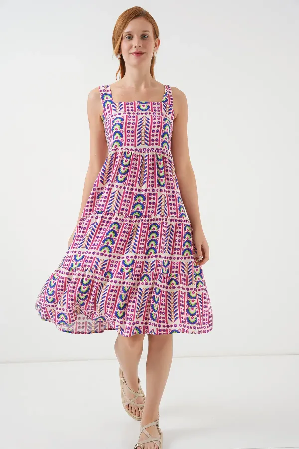 Robe midi à bretelles à motifs pour femme 2577 - Fuchsia