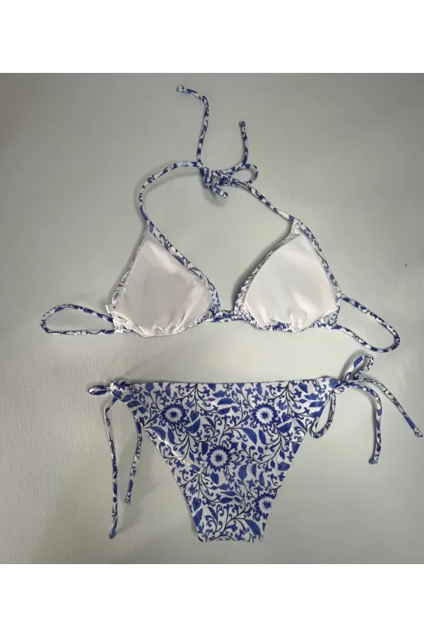 Women's Tile Pattern Blue White Patterned Neckline Triangle Bikini Set HZL25S-LC5005