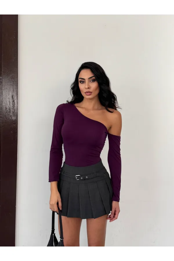 Kadın Mor Asimetrik Yaka Drapeli Sandy Bluz HZL25S-FRY123361