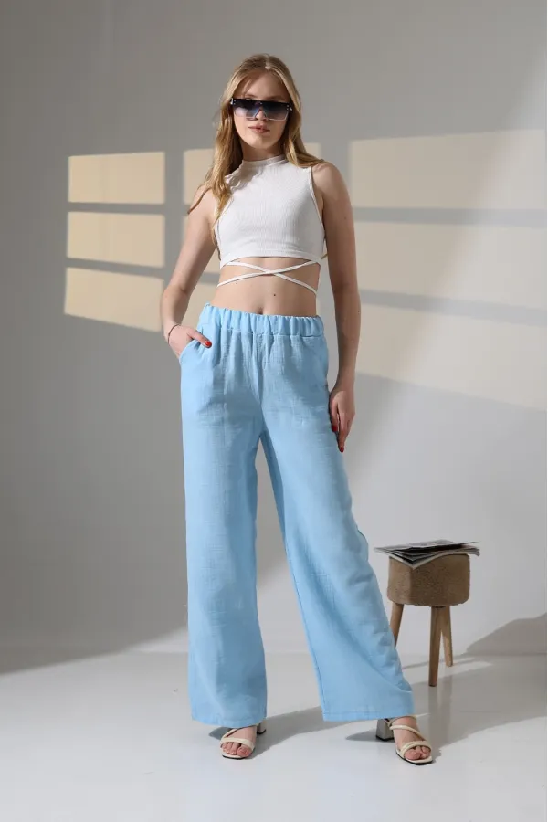 Kadın Mavi Beli Lastikli Müslin Kumaş Bol Paça Pantolon HZL25S-DSB12221