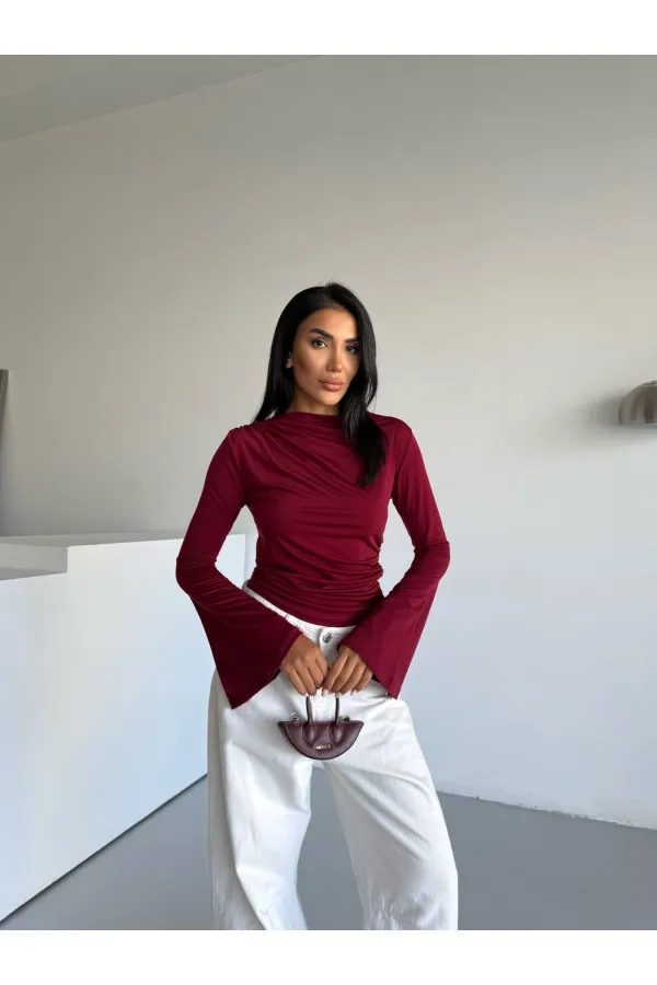 Kadın Bordo Drape Detaylı İspanyol Kol Sany Bluz HZL25W-FRY123431