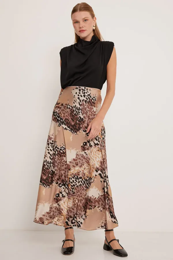 Women's Satin Skirt with Milk Coffee Pattern 15877