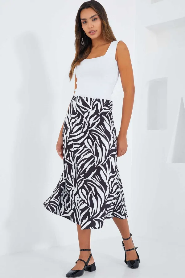 Kadın Zebra Desen Siyah Beyaz Saten Yüzeyli Beli Lastikli Midi Boy Etek Hzl23s-bd1101471