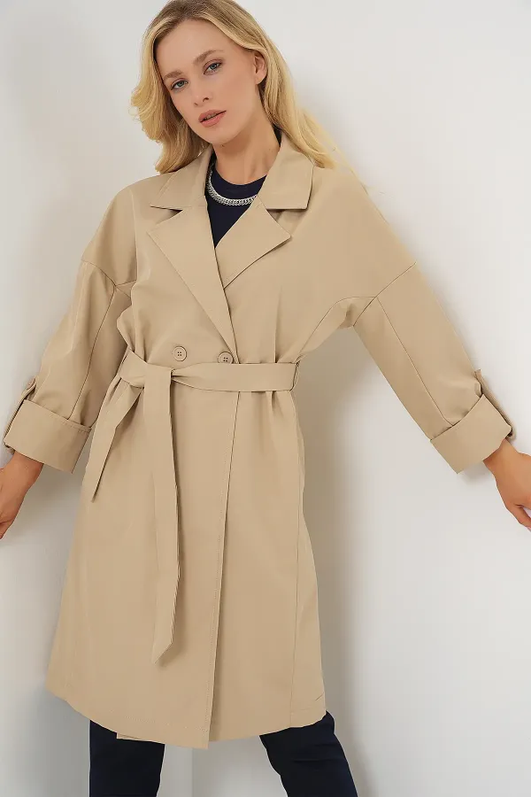 9104 Kruvaze Yaka Astarlı Trençkot - Bej