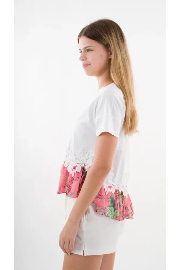 Kadın Beyaz Dantel Çiçek Desenli Bisiklet Yaka Bluz HZL24S-YY256