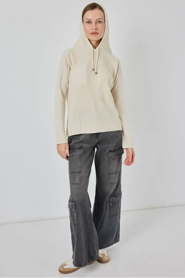 Kadın Kapüşonlu Triko Kazak 15941 - Ekru