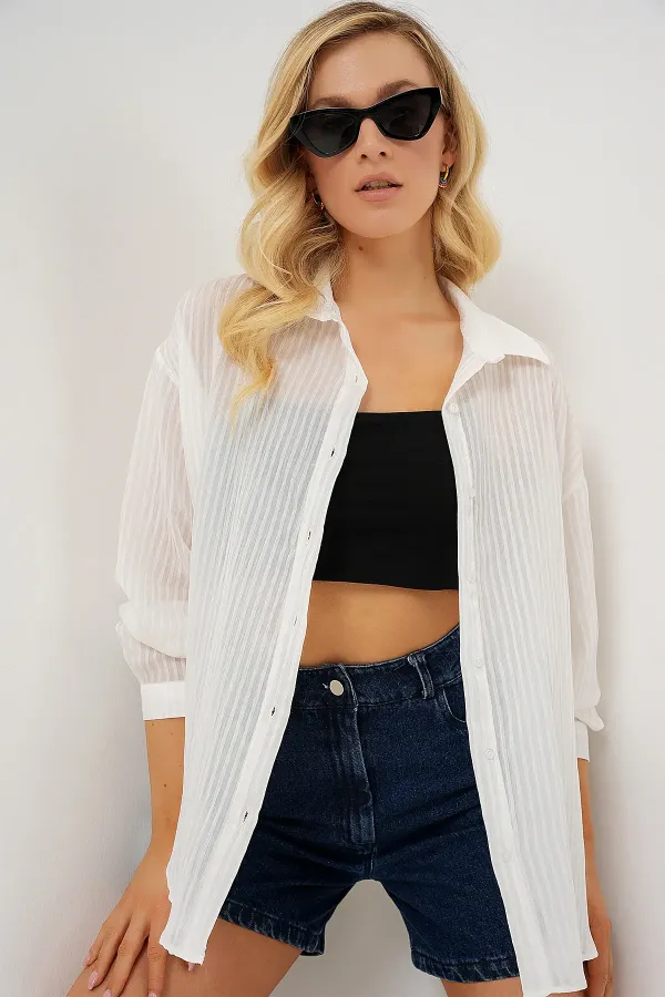 Kadın Uzun Oversize Gömlek 20320 - Beyaz