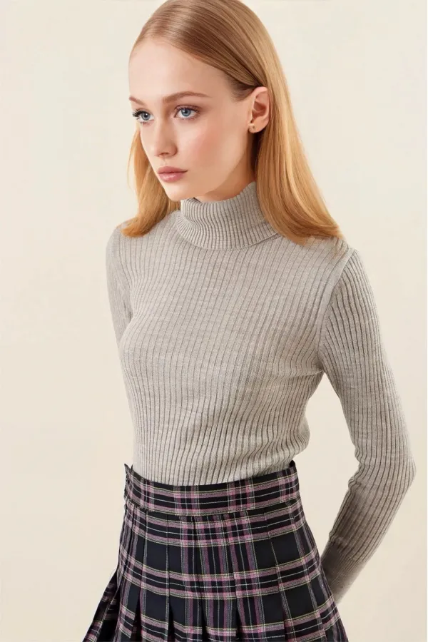 Pull col roulé côtelé gris pour femme HZL22W-BD1445001