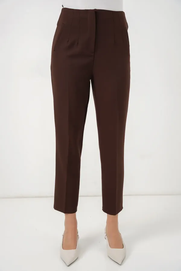 Pantalon en tissu taille haute 6650 - Marron
