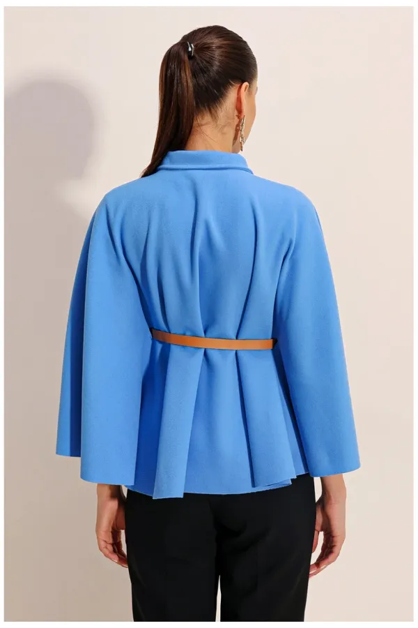 Poncho en cachemire bleu pour femme, col Judge, ceinture détaillée HZL24W-BD191341