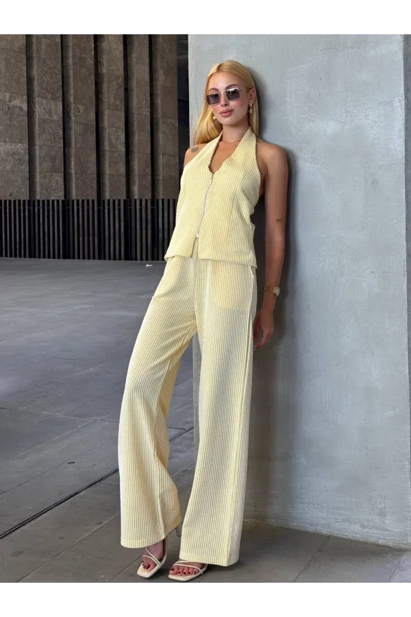 Kadın Sarı Çizgili Önü Fermuarlı Bluz Pantolon İkili Takım HZL25S-ZK13691