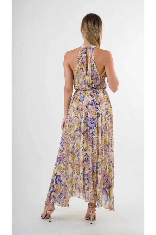 Kadın Mor Çicek Desenli Halter Yaka Kuşaklı Astarlı Uzun Elbise HZL24S-YY233