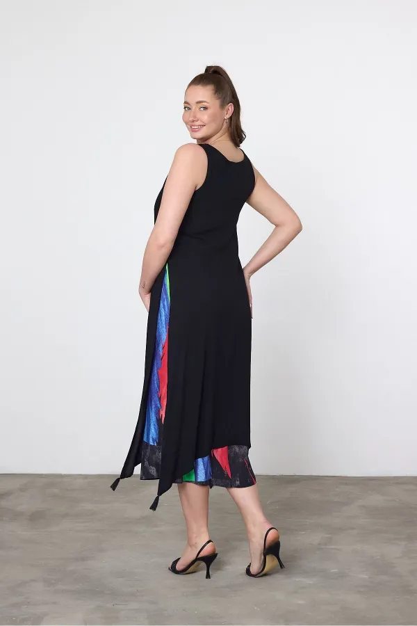 Kadın Siyah Mavi Kuş Tüyü Desenli Astarlı Viskon Elbise HZL25S-VM120251