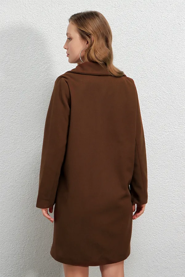 Manteau élégant en cachemire doublé, couleur chocolat, à un bouton et double poche, pour femme HZL23W-BD190851