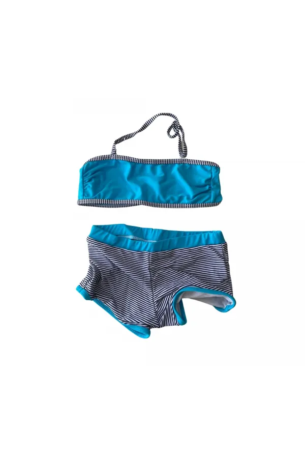 Kız Çocuk Mavi Siyah Çizgili Şortlu 4-12 Yaş Straplez Bikini Takım HZL24S-LC9034