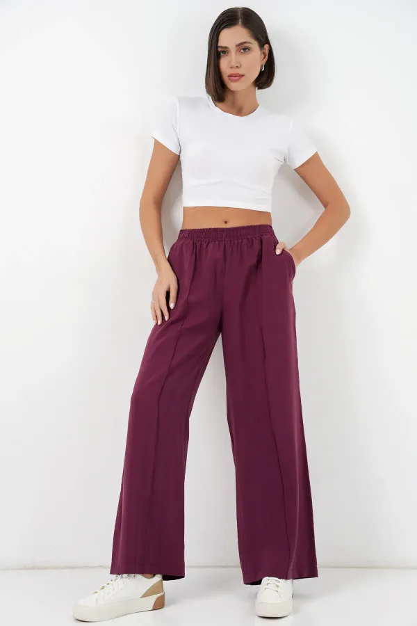 Pantalon large pour femme avec taille élastiquée 30087 - Bordeaux