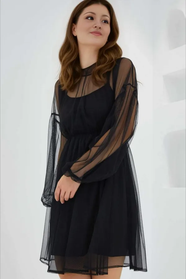 Robe courte noire en tulle doublée avec jupon pour femme HZL24S-BD124851
