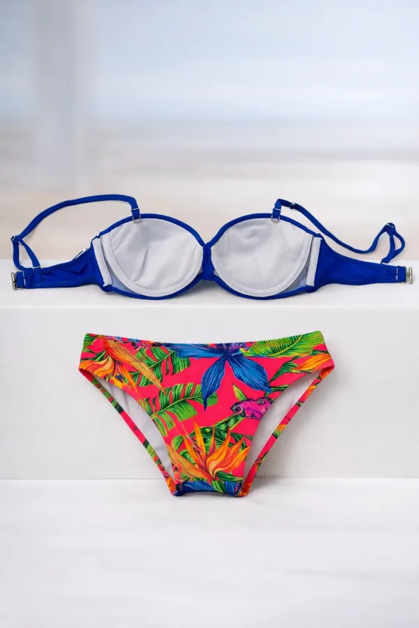 Kadın Saks Mavi Taş İşlemeli Toka Aksesuarlı Astarlı Bikini Takım HZL25S-LC208