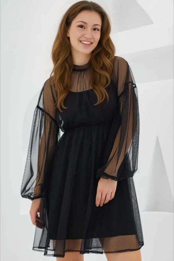 Robe courte noire en tulle doublée avec jupon pour femme HZL24S-BD124851