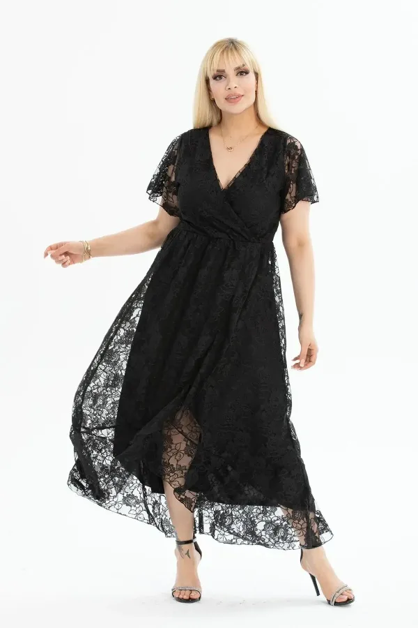 Kadın Siyah Büyük Beden V Yaka Astarlı Dantel Detaylı Şık Abiye Elbise HZL26S-PR11071