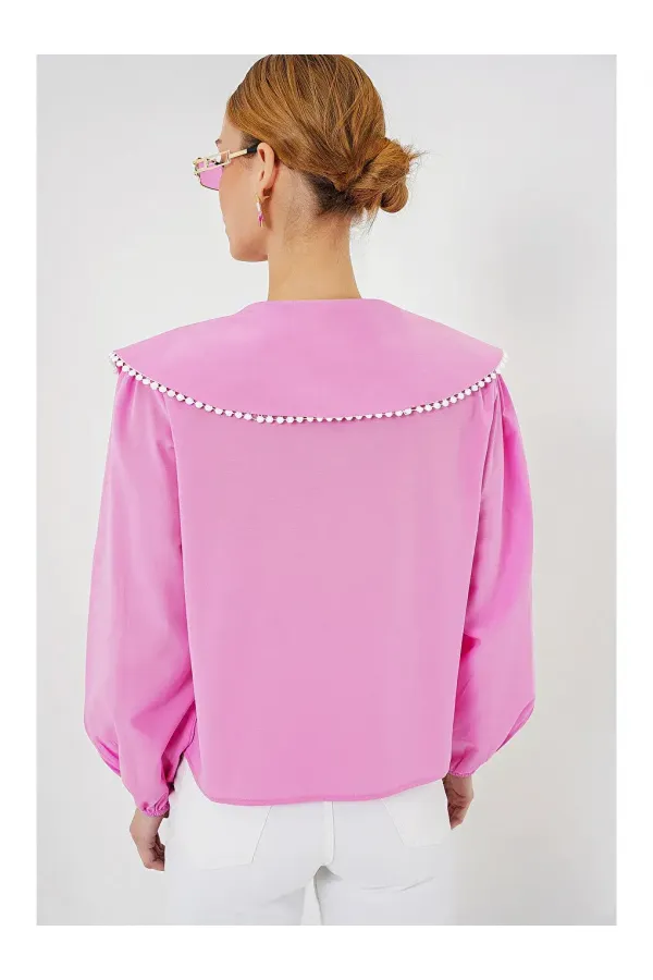 Kadın Pembe Bebe Yaka Düğmeli Şık Günlük Gömlek HZL26S-BD1203141