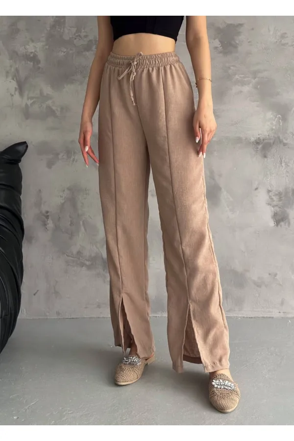 Kadın Bisküvi Lastikli Bel Yırtmaç Detaylı Cepsiz İthal Keten Astarsız Pantolon HZL24S-FRY121941
