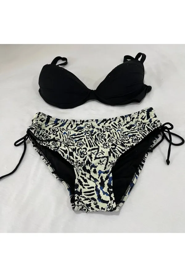 Kadın Siyah Taş İşlemeli Bej Desenli Astarlı Büyük Beden Bikini Takımı HZL25S-LC3351