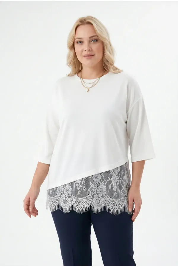Women's White Plus Size Crew Neck Short Sleeve T-Shirt with Tulle Detail HZL26S-ZSS19521