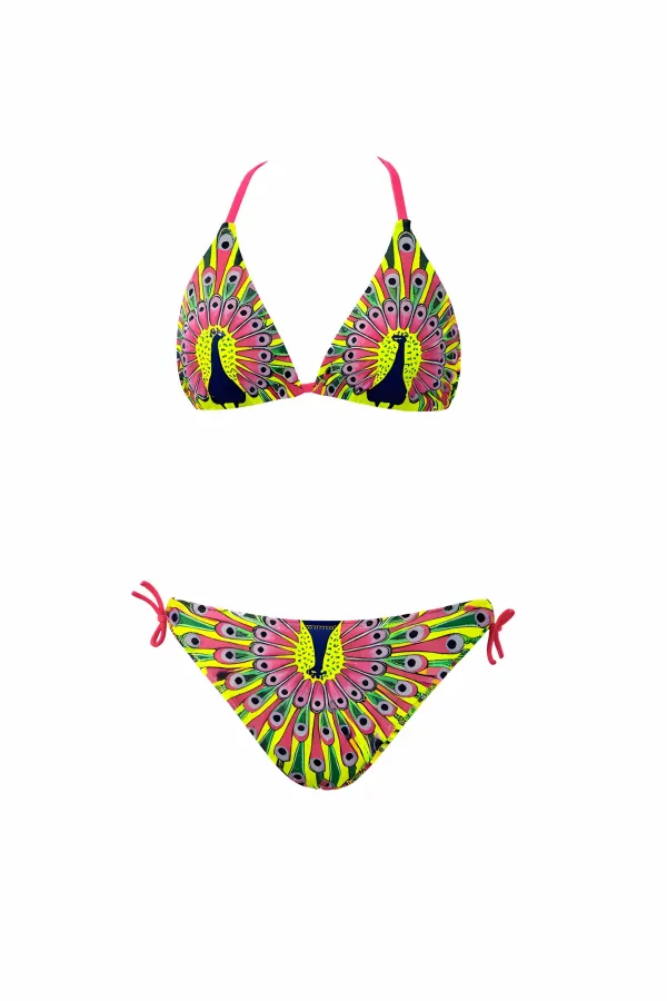 Ensemble bikini triangle à motif paon jaune pour filles, 6-14 ans HZL24S-LC19017