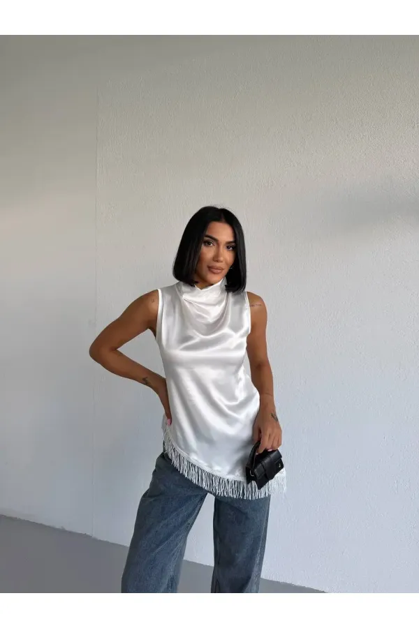 Women's White Halter Neck Asymmetrical Cut Fringe Detail Satin Blouse HZL26S-FRY123911