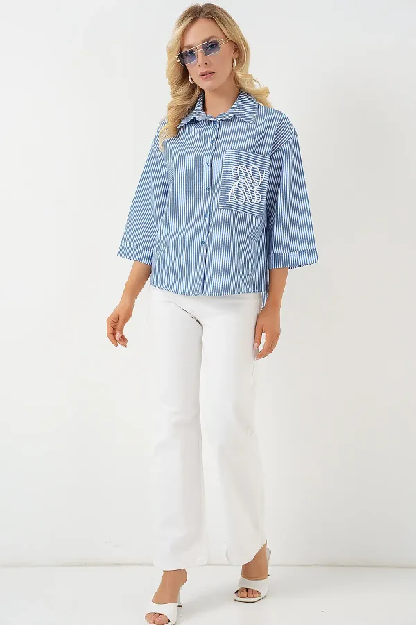 Women's Single Pocket Embroidered Shirt 20328 - Navy Blue