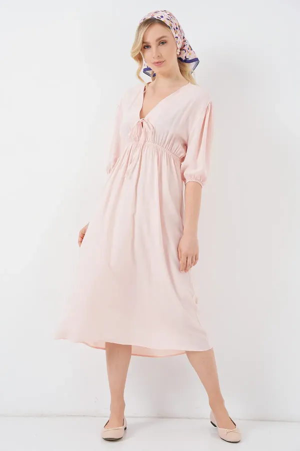 Robe 2570 pour femme, col en V et taille froncée - Rose poudré