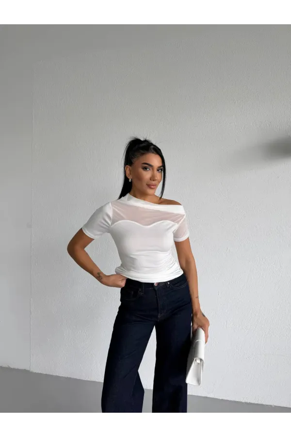 Women's White One-Shoulder Elegant Sandy Blouse with Transparent Tulle Detail HZL26S-FRY123871