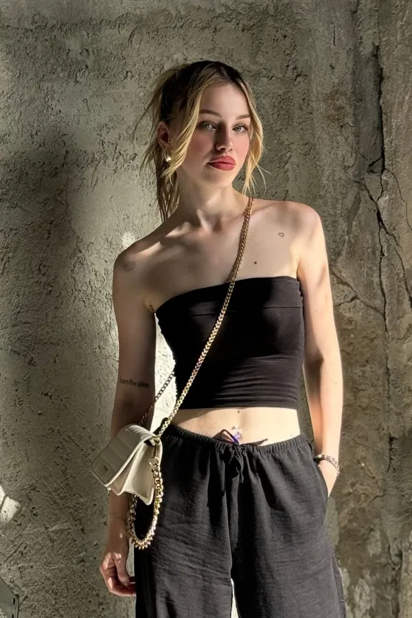 Kadın Siyah Katlamalı Straplez Bluz HZL24S-ZK11301