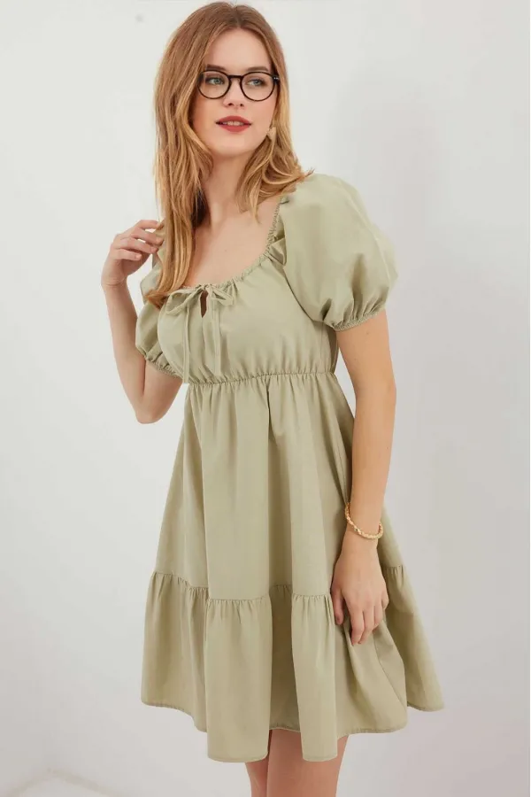 Robe évasée en popeline verte à col froncé et taille élastique pour femme Çağla HZL22S-BD123511