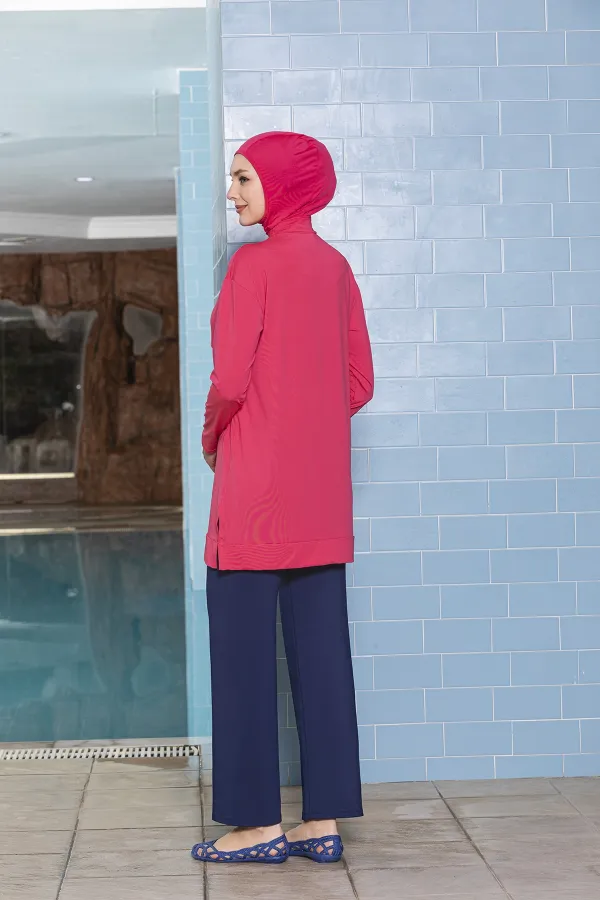 Women's Hijab Pink Pocketed Long Sleeve Fully Covered Tights Lycra Dress Swimsuit HZL24S-AR1254-15