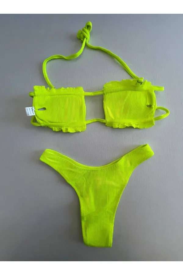 Women's Neon Green String-Tied Gathered Strapless Bikini Set HZL25S-LC2226