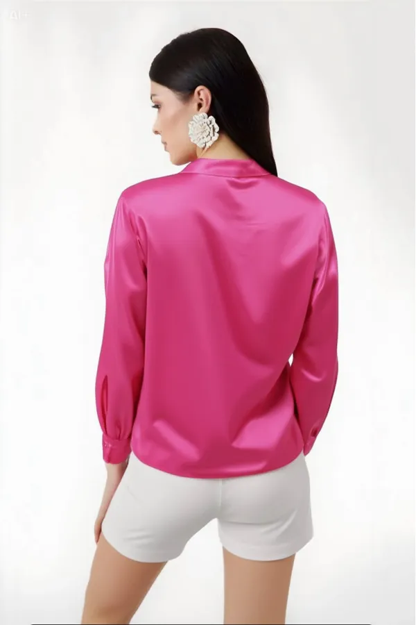 Kadın Canlı Pembe Hafif Dökümlü Saten Yüzeyli Gömlek Hzl22w-bd139641