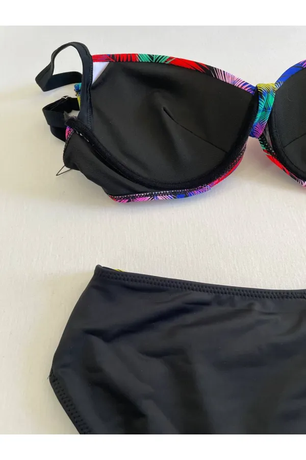 Kadın Siyah Sarı Kırmızı Çok Renk Desenli  Astarlı Büyük Beden Bikini Takımı HZL25S-LC06