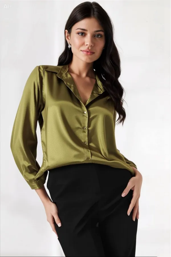 Kadın Yağ Yeşili Hafif Dökümlü Saten Yüzeyli Gömlek HZL22W-BD139641