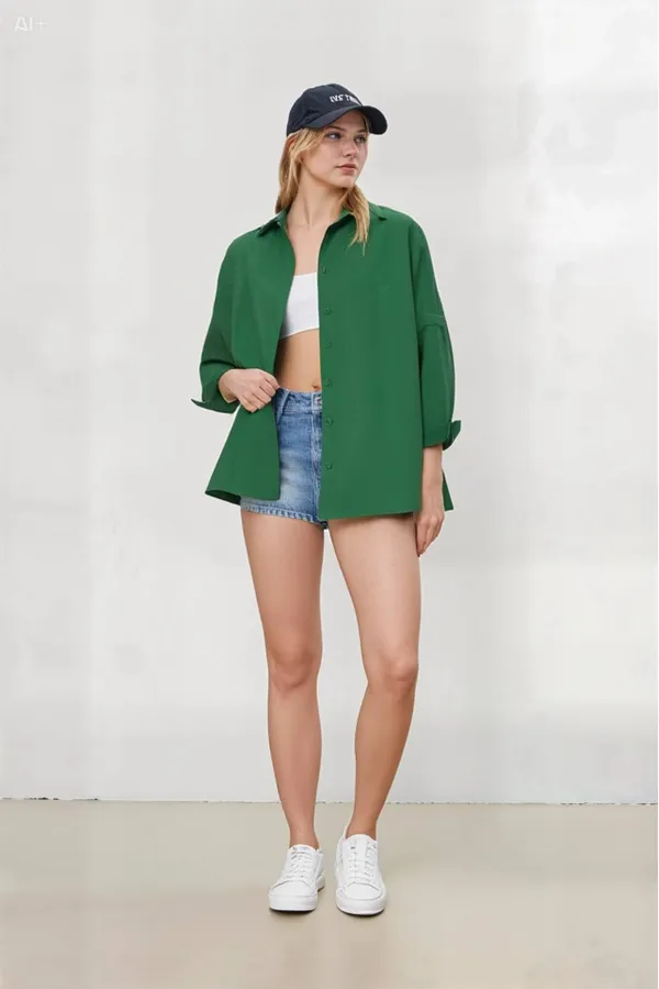 Kadın Zümrüt Yeşili Oversize Uzun Basic Gömlek HZL22W-BD139001