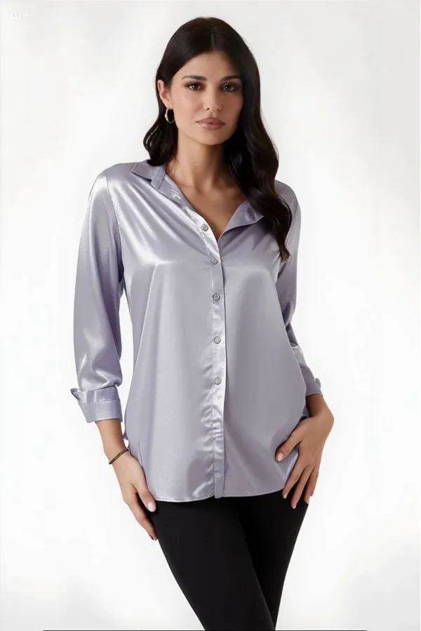 Kadın Gri Hafif Dökümlü Saten Yüzeyli Gömlek HZL22W-BD139641