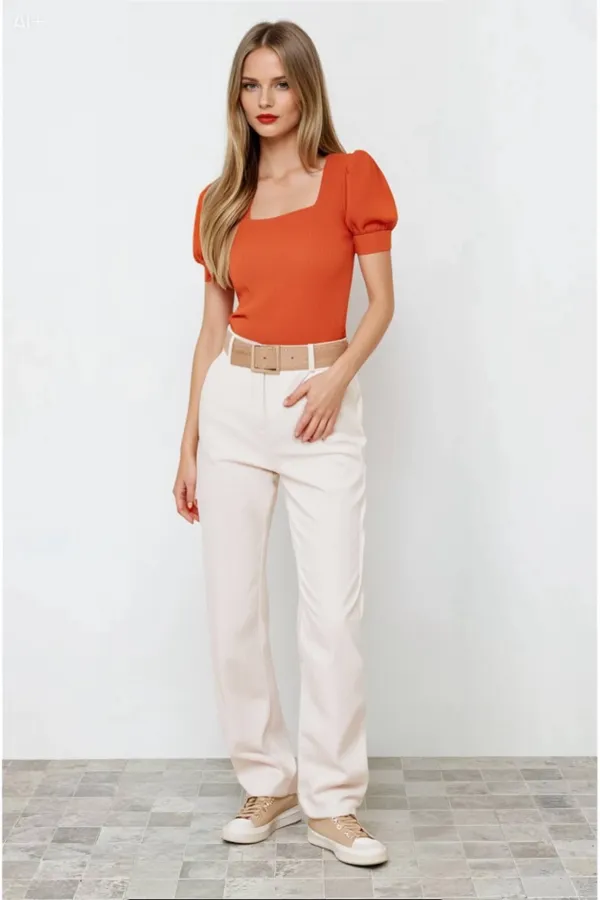 Kadın Oranj Kare Yaka Örme Bluz Hzl22w-bd104091