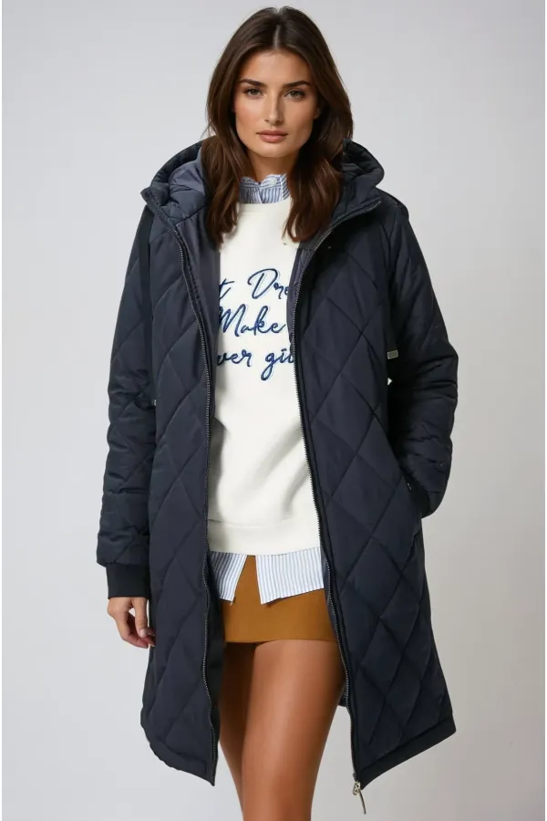 Kadın Lacivert Kapitone Uzun Şişme Mont HZL22W-BD151381