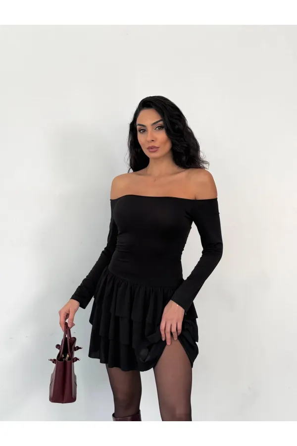 Women's Black Strapless Neckline Layered Skirt Detail Mini Dress HZL25W-FRY123581