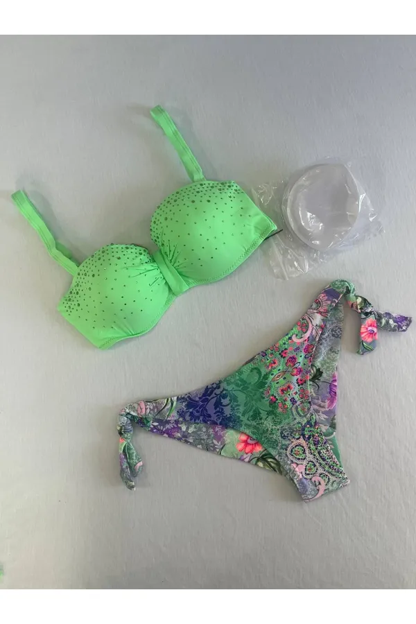 Kadın Yeşil Taş İşlemeli 3 Parça Bikini Takım HZL25S-LC3315