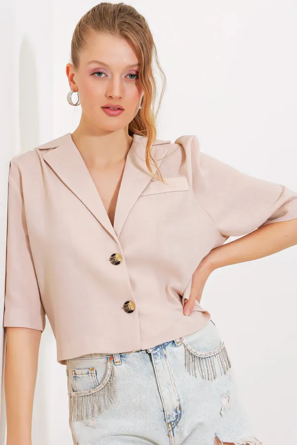 Women's Cream Double-Button Oversize Crop Linen Jacket 0706