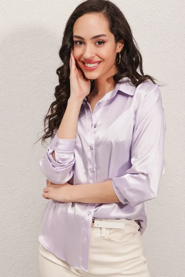 3964 Lightly Draped Satin Shirt - Light Lilac