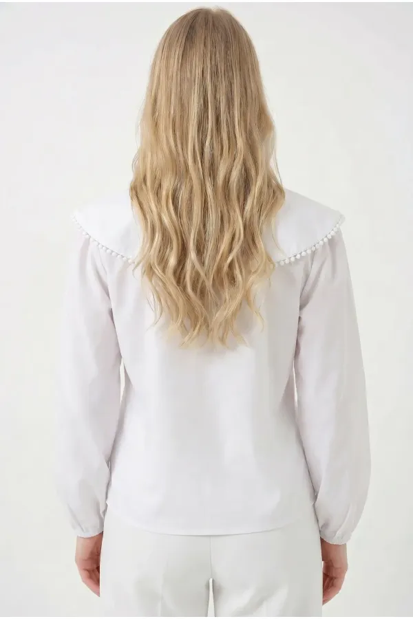 Kadın Beyaz Bebe Yaka Düğmeli Şık Günlük Gömlek HZL26S-BD1203141